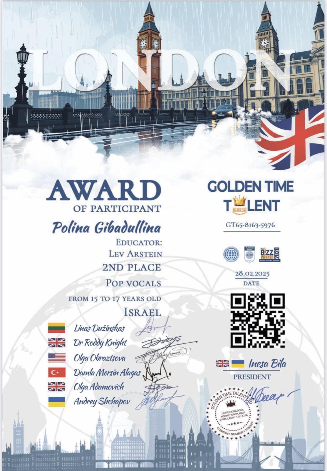 2nd place - Golden Time Talent (Pop Vocals)