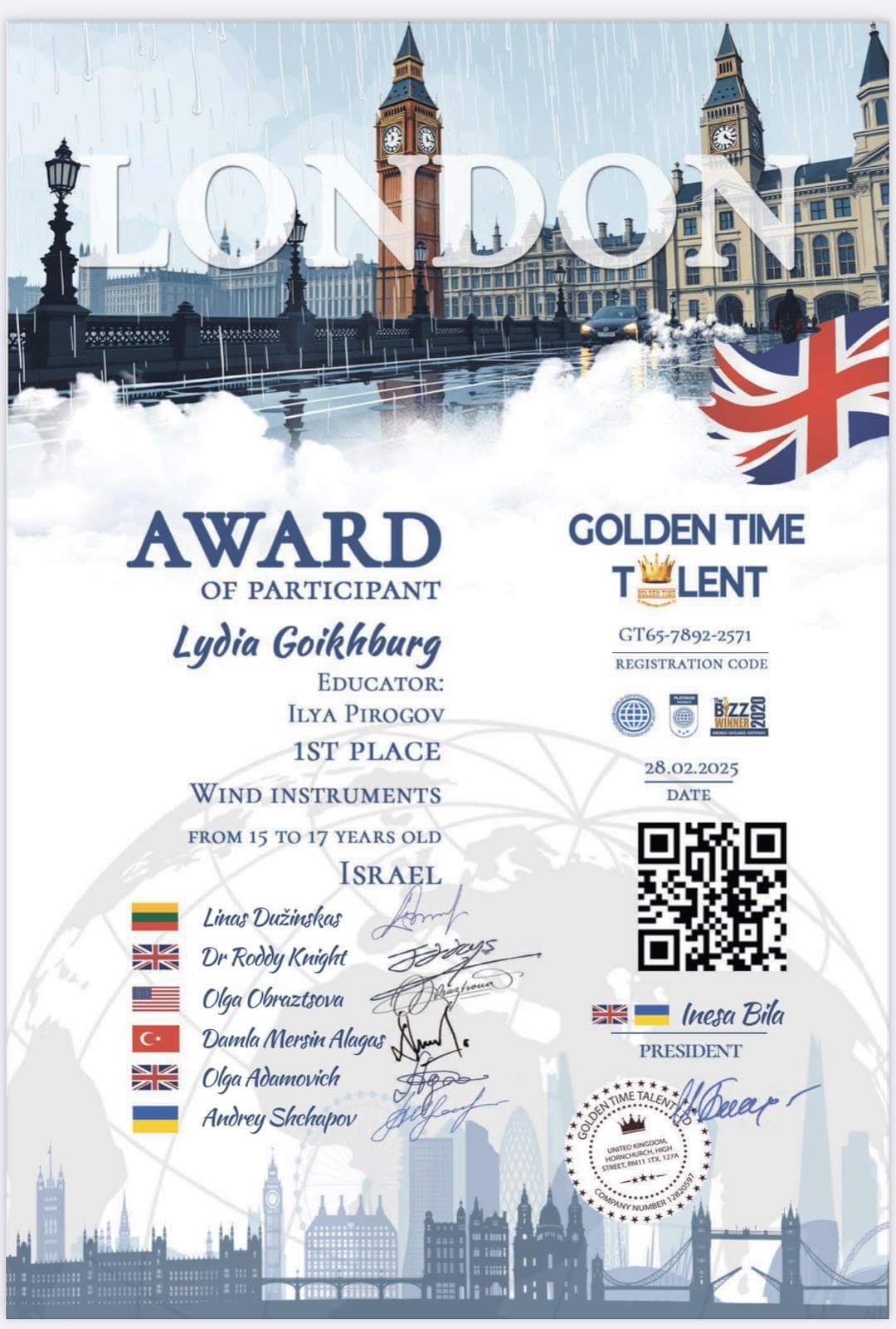 1st place - Golden Time Talent (Wind Instruments)